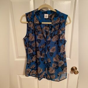 CAbi Blue and Black Floral Sleeveless Top